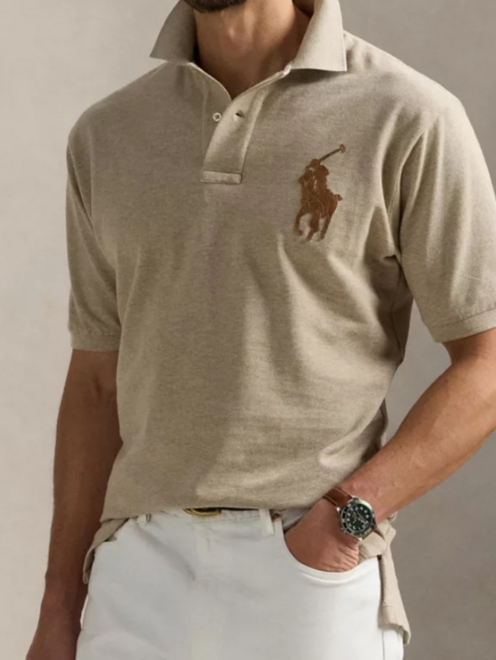 Ralph Lauren Polo Shirt in Light Beige with Leather Big Pony Brown Logo, Sz XLT